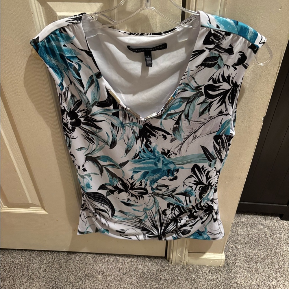 White House Black Market Teal and Black Floral Top